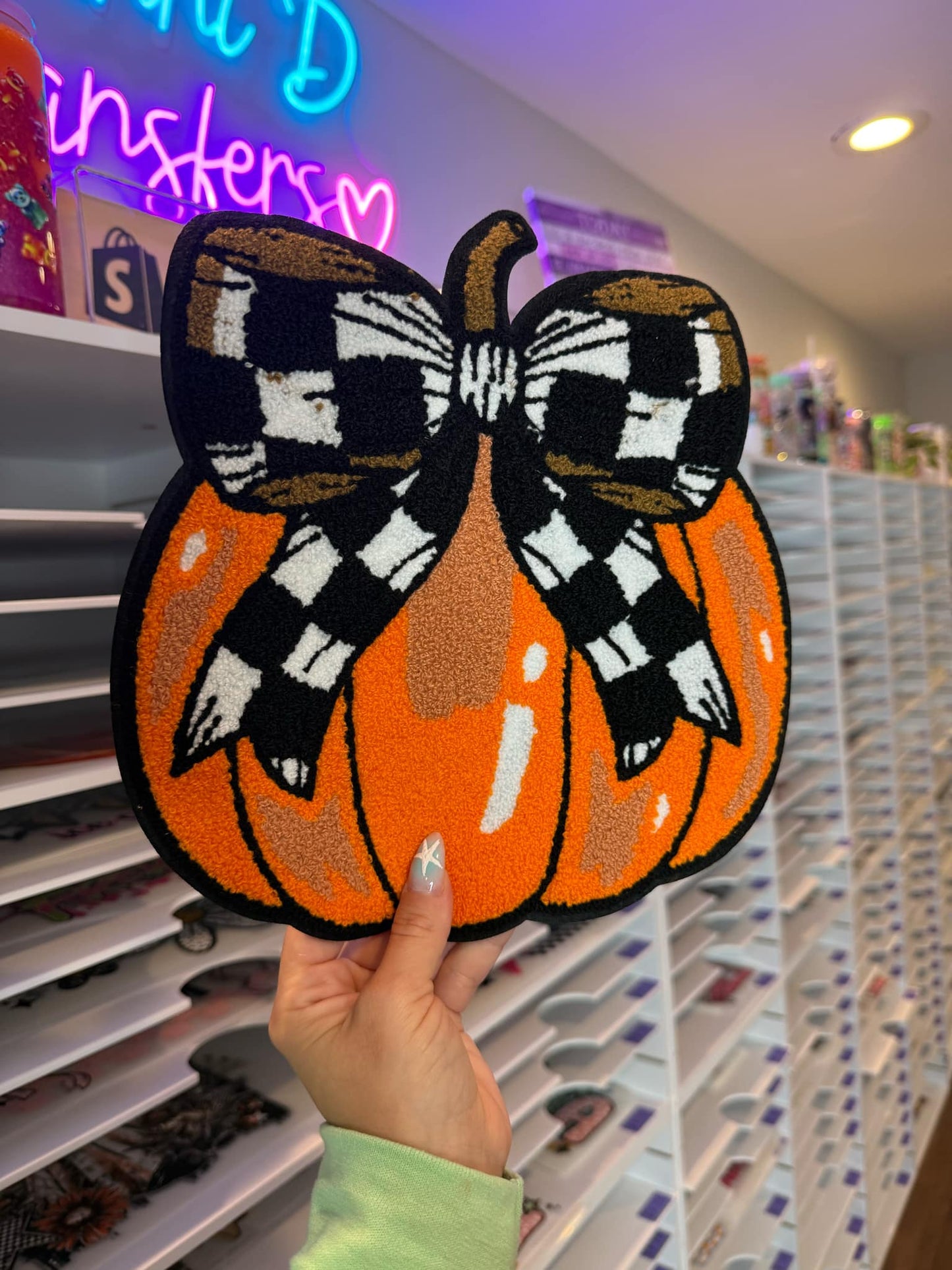 Checker Bow Pumpkin Chenille Patch