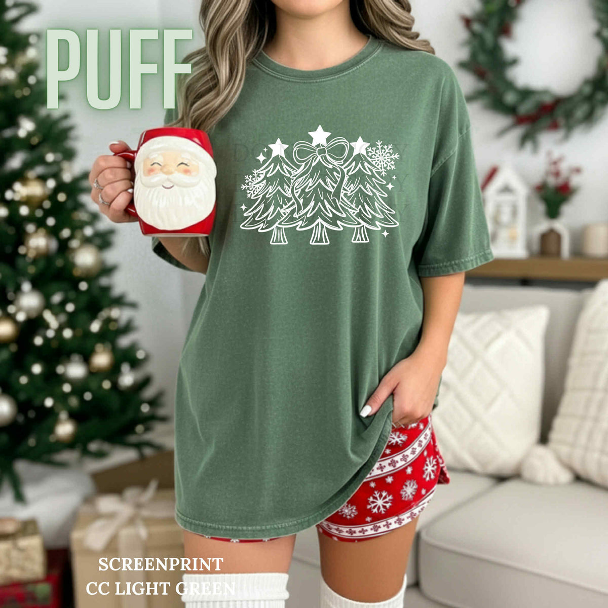 PUFF Christmas Trees Single Color  * WHITE PUFF INK* Single Color PUFF Screen Print Transfer