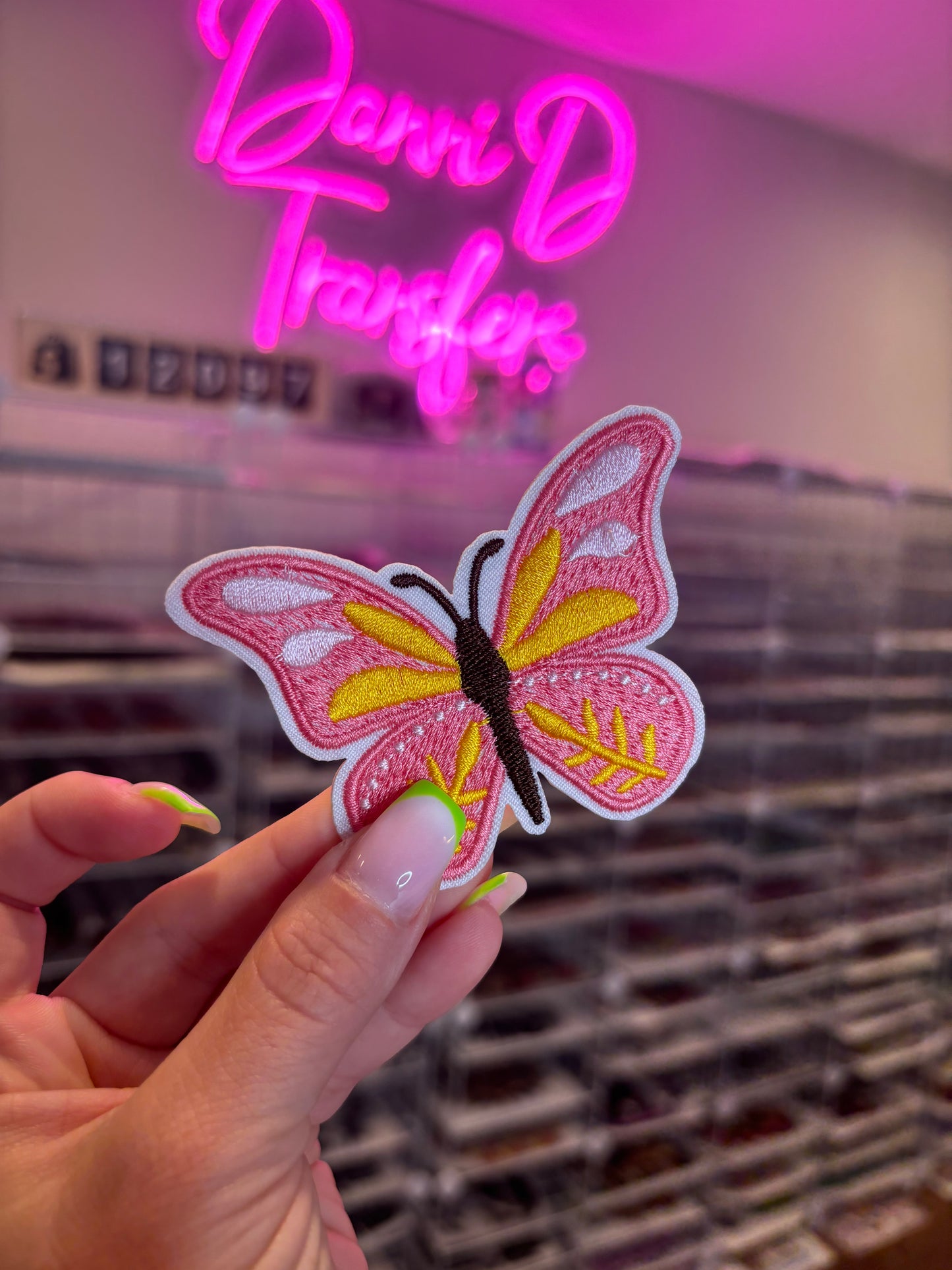 Pink and yellow butterfly hat patch