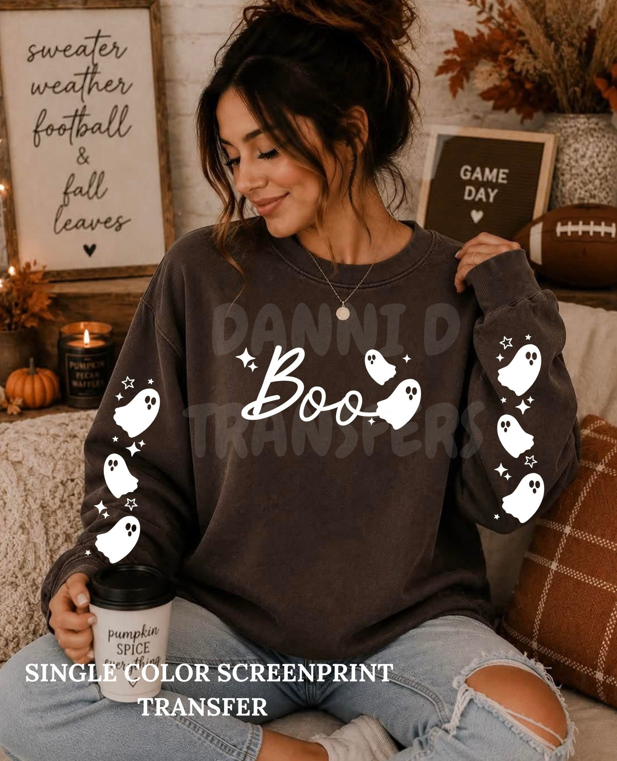 Boo w/ 2 Sleeves Single Color  *WHITE INK* Single Color Screen Print Transfer