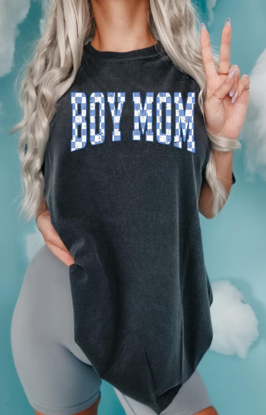 Blue checkered boy mom screen print transfer