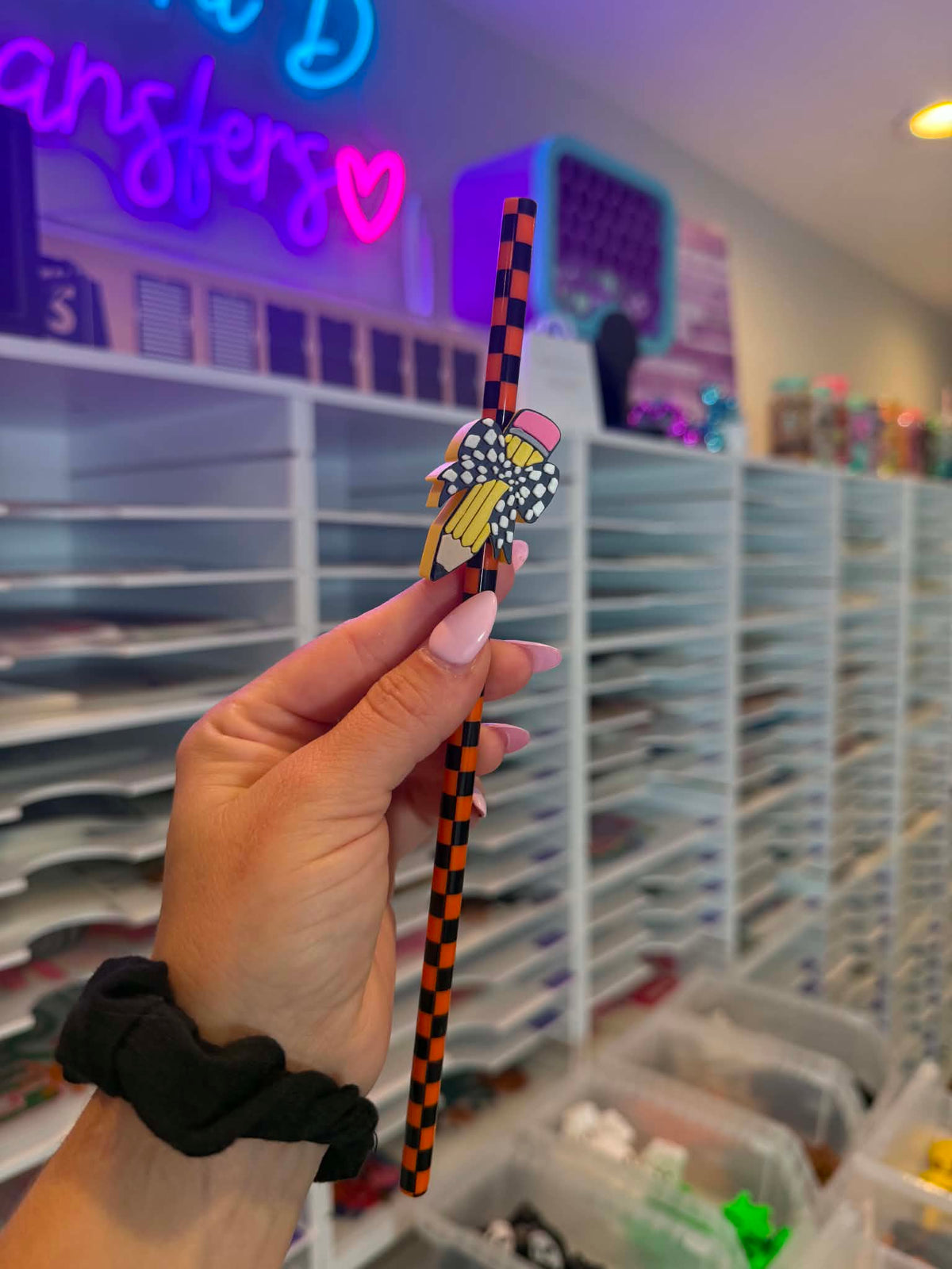 Checker Bow Pencil 8mm Straw Topper (Standard Straw Size) Straw Not Included