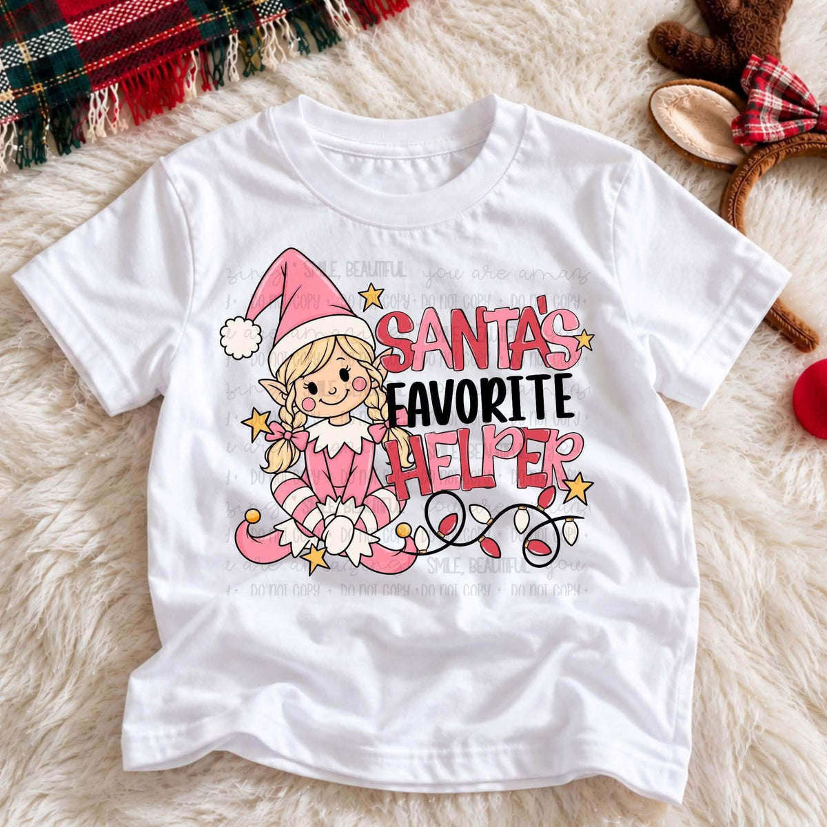 **PRE ORDER**Blonde Girl Santa's Favorite Elf Helper * LARGE YOUTH* 9-10 inch DTF -DTF TRANSFER