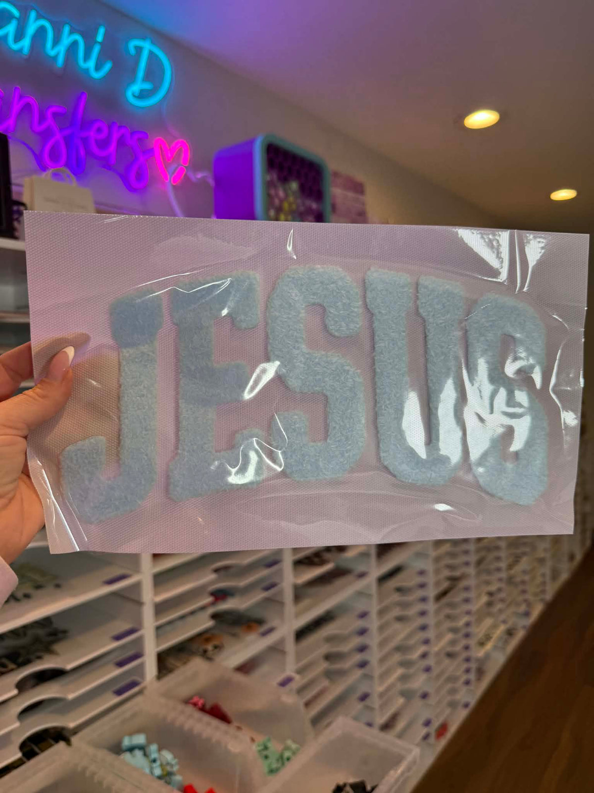 Baby blue JESUS fuzzy TRANSFER