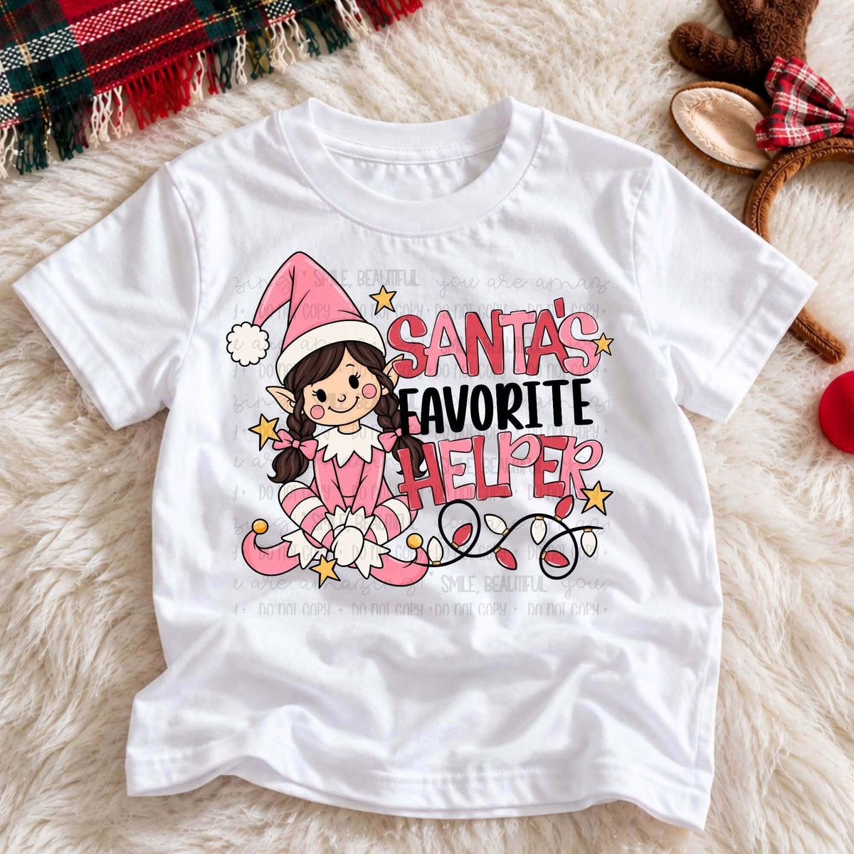 **PRE ORDER**Brown Girl Santa's Favorite Elf Helper * LARGE YOUTH* 9-10 inch DTF -DTF TRANSFER