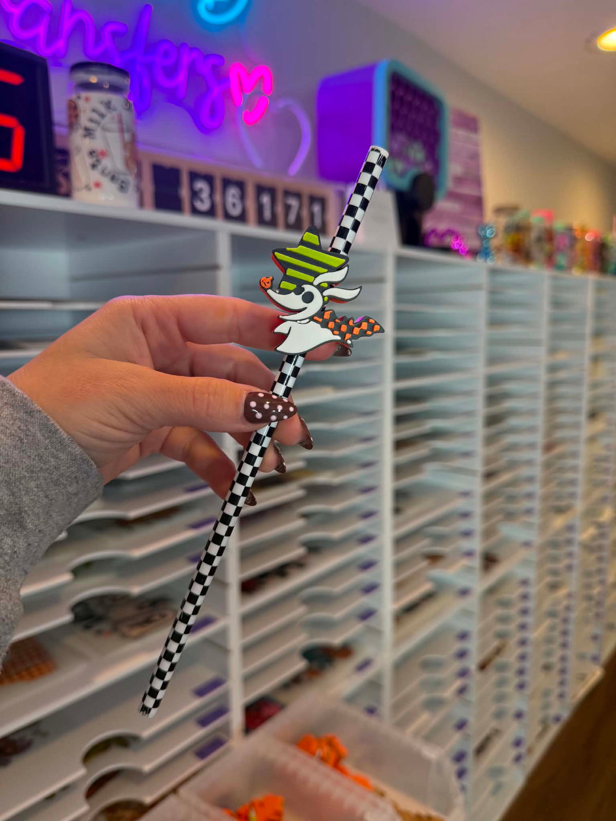 Checker Ghost Dog 8mm Straw Topper (Standard Straw Size) Straw Not Included