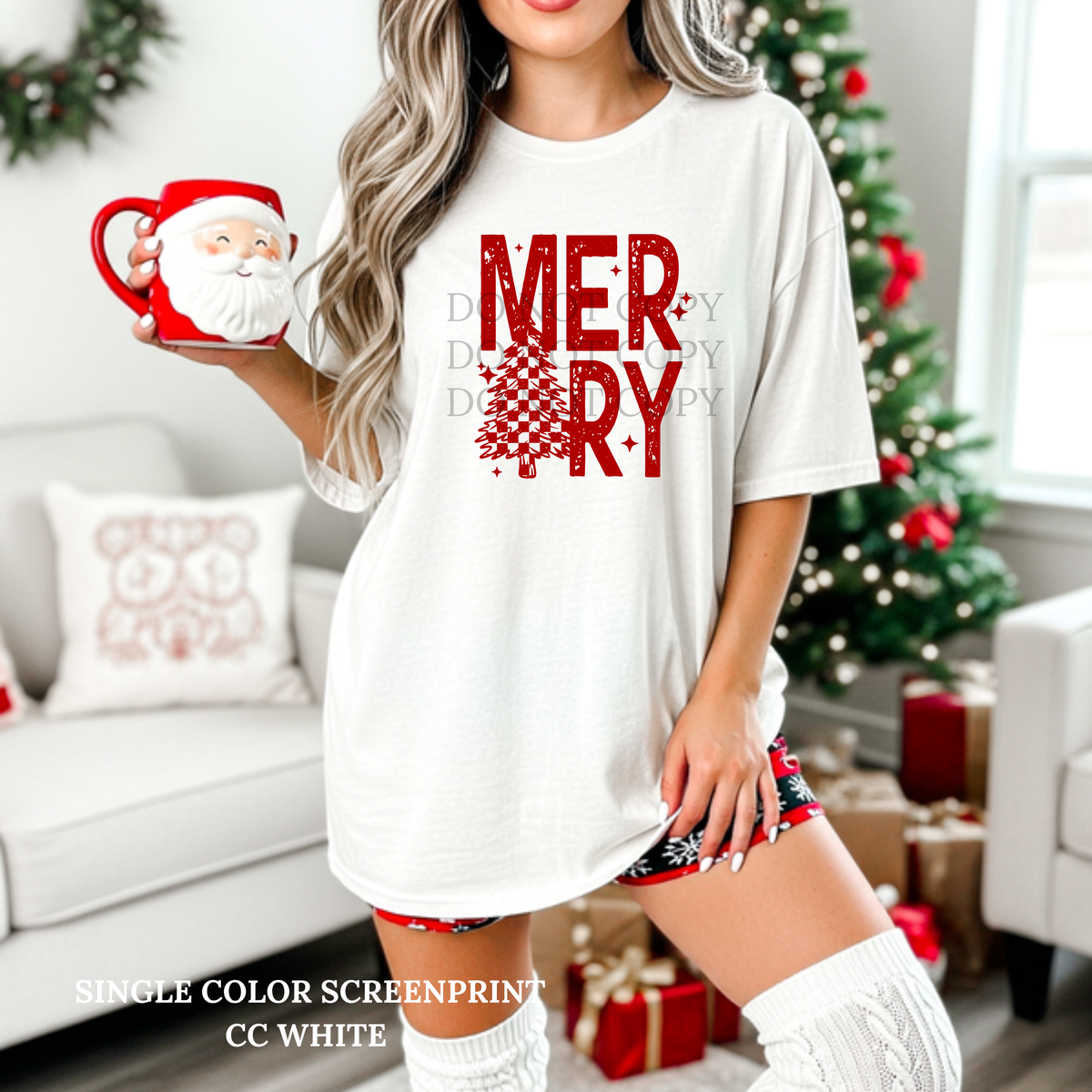 Red Merry Tree Single Color  * RED INK* Single Color Screen Print Transfer