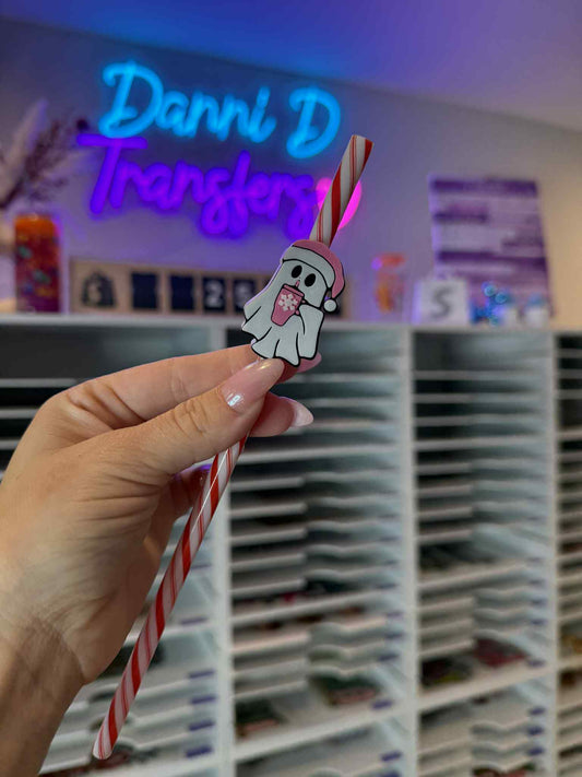 Pink Christmas Ghostie 8mm Straw Topper (Standard Straw Size) Straw Not Included