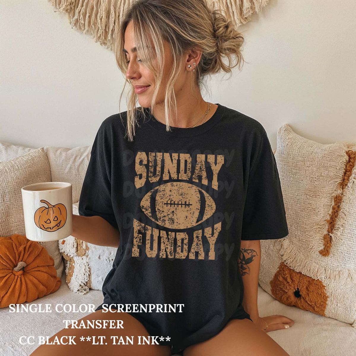 Sunday Funday Football Single Color  *LIGHT TAN INK* Single Color Screen Print Transfer