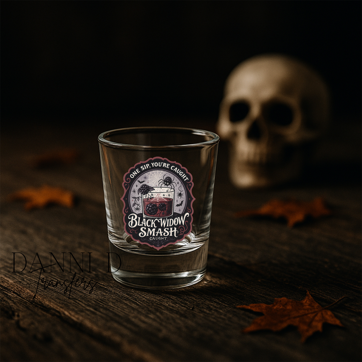 Black Widow Smash Shot Glass UV Decal