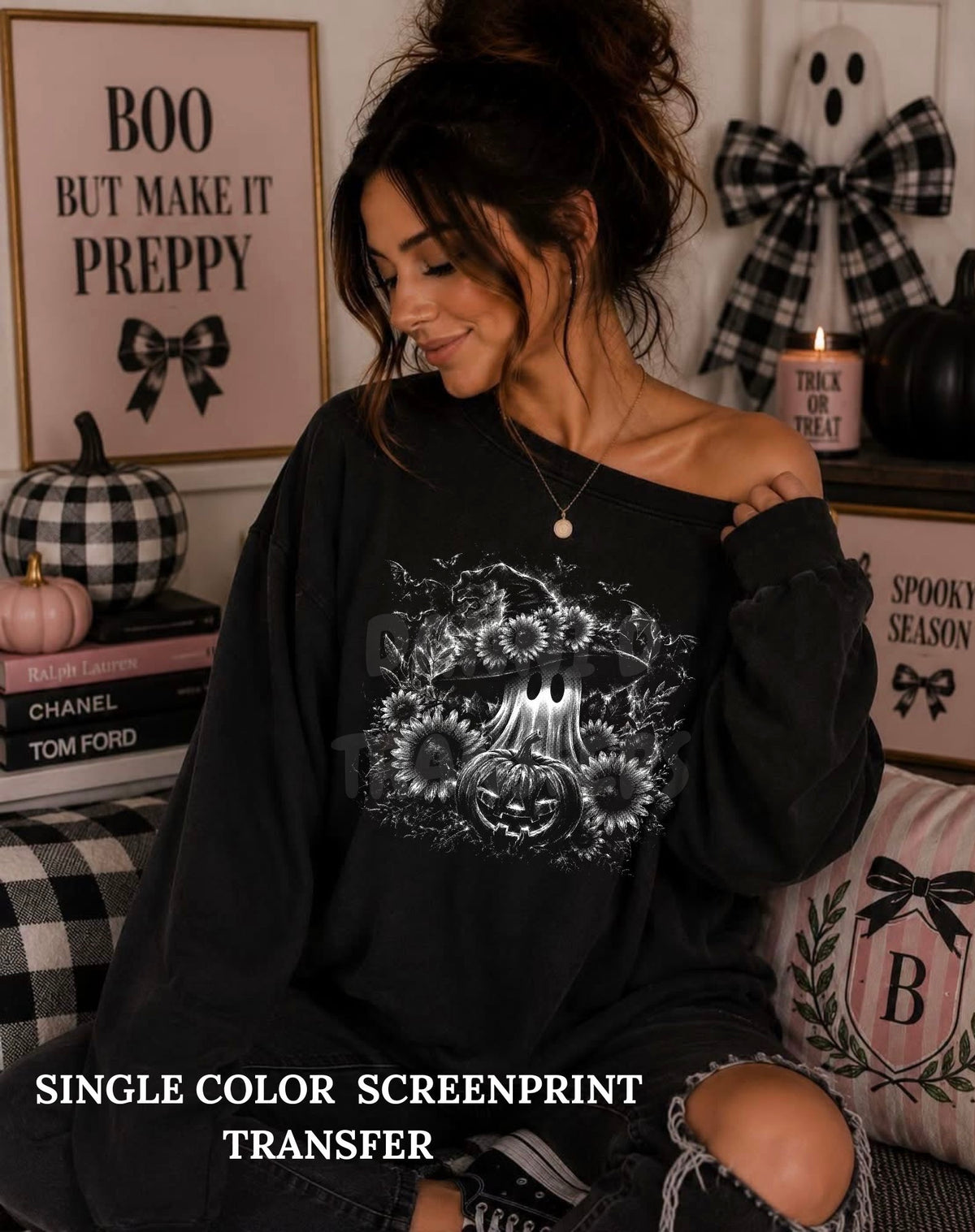 Halftone Ghost Sunflower Single Color  *WHITE INK* Single Color Screen Print Transfer