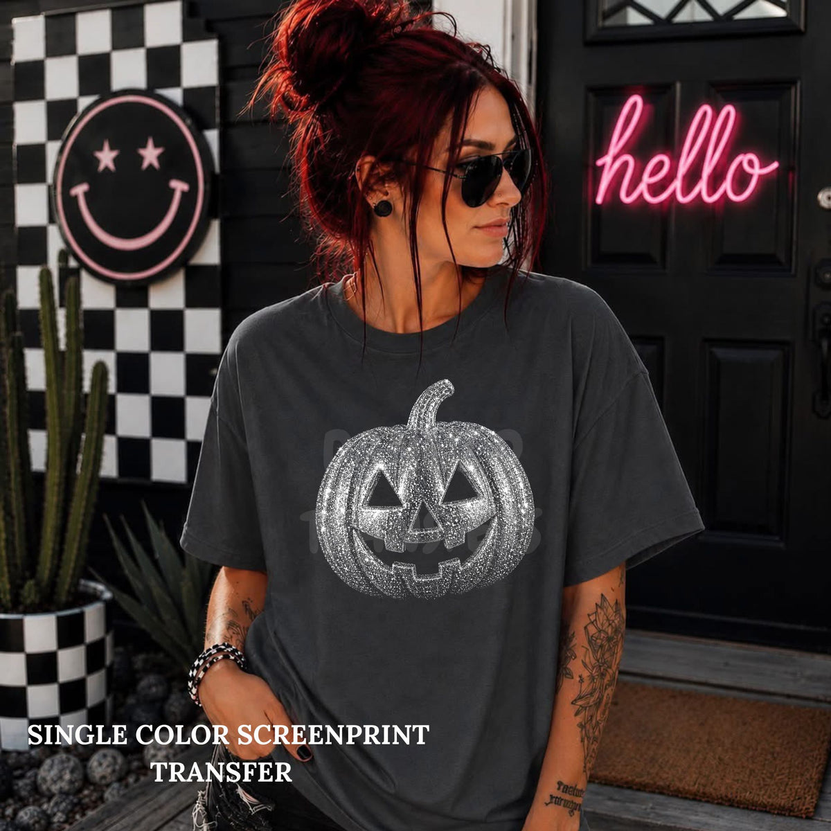 Faux Bling Pumpkin Single Color  *WHITE INK* Single Color Screen Print Transfer