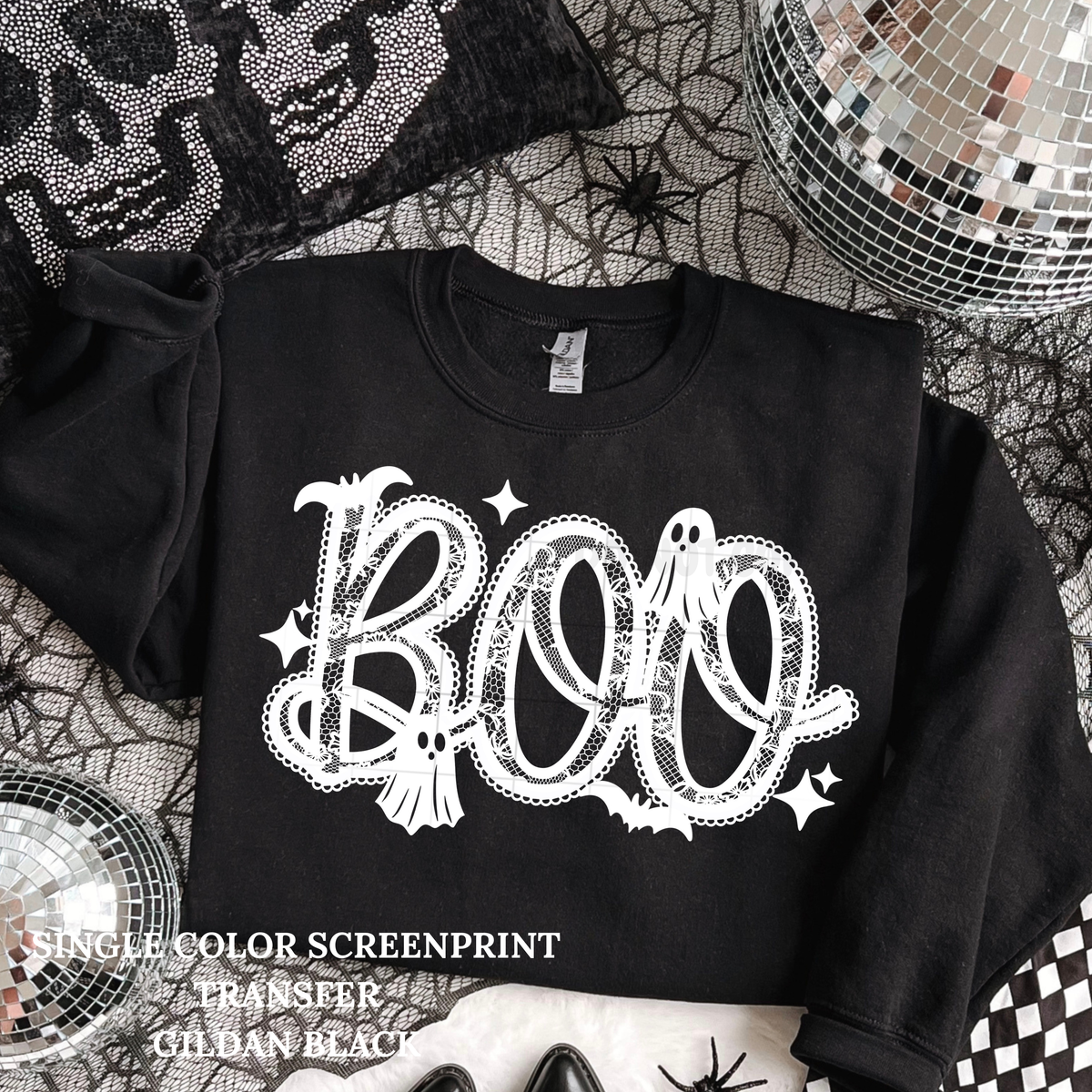 Boo Lace Single Color  *WHITE INK* Single Color Screen Print Transfer