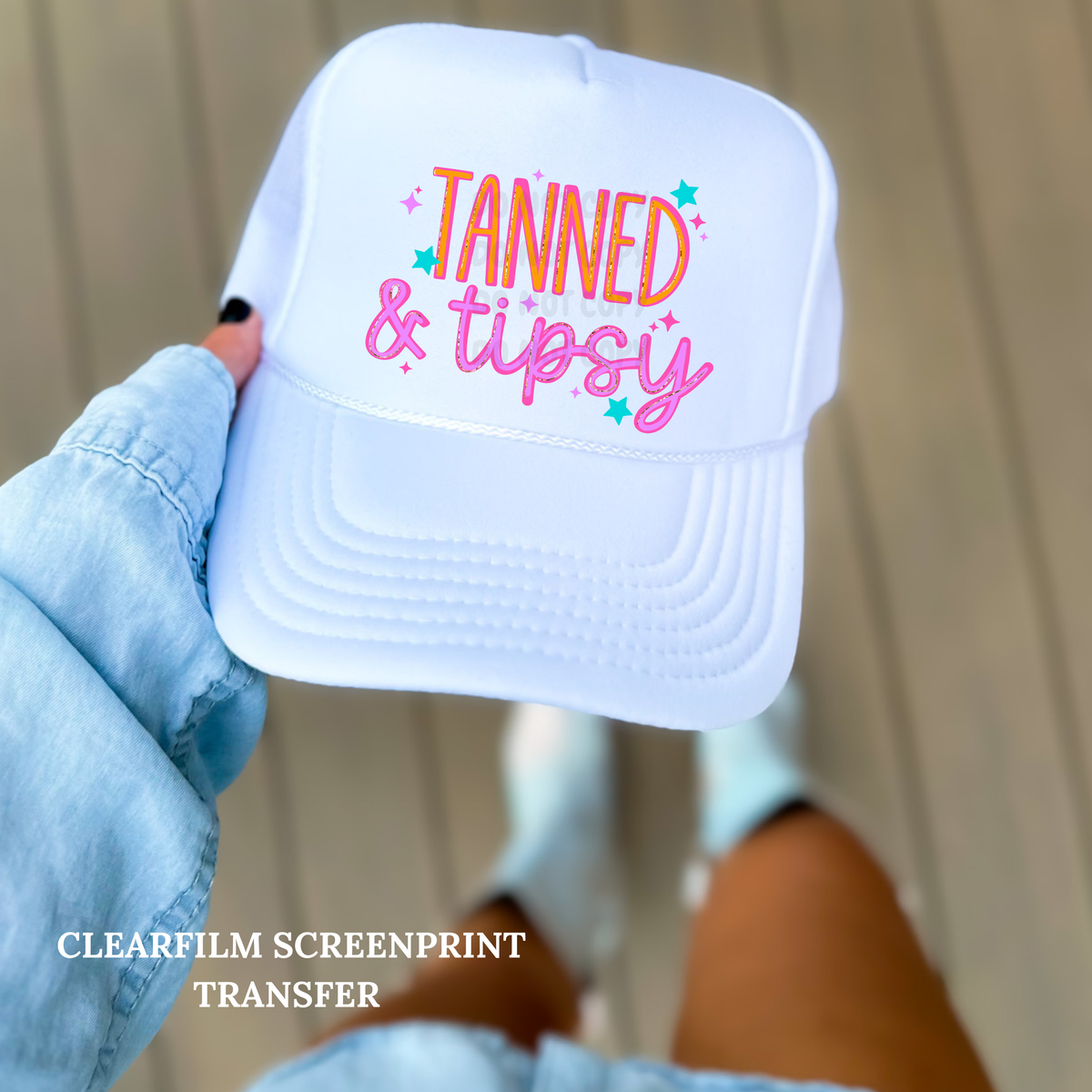 Tanned & Tipsy POCKET ONLY- Clear Film Screenprint