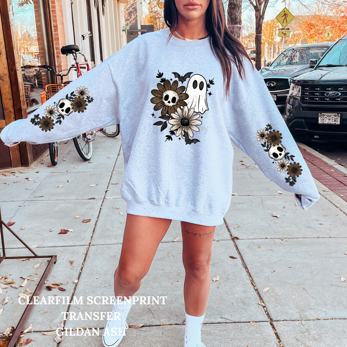Brown Skellie Floral Ghostie w/ 2 Sleeves-Clear Film Screen Print